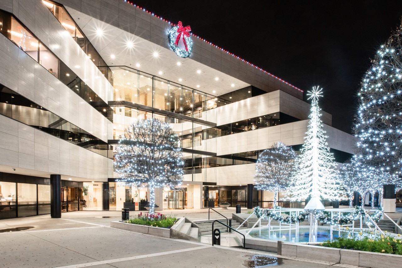 Office courtyard with crystal holiday trees