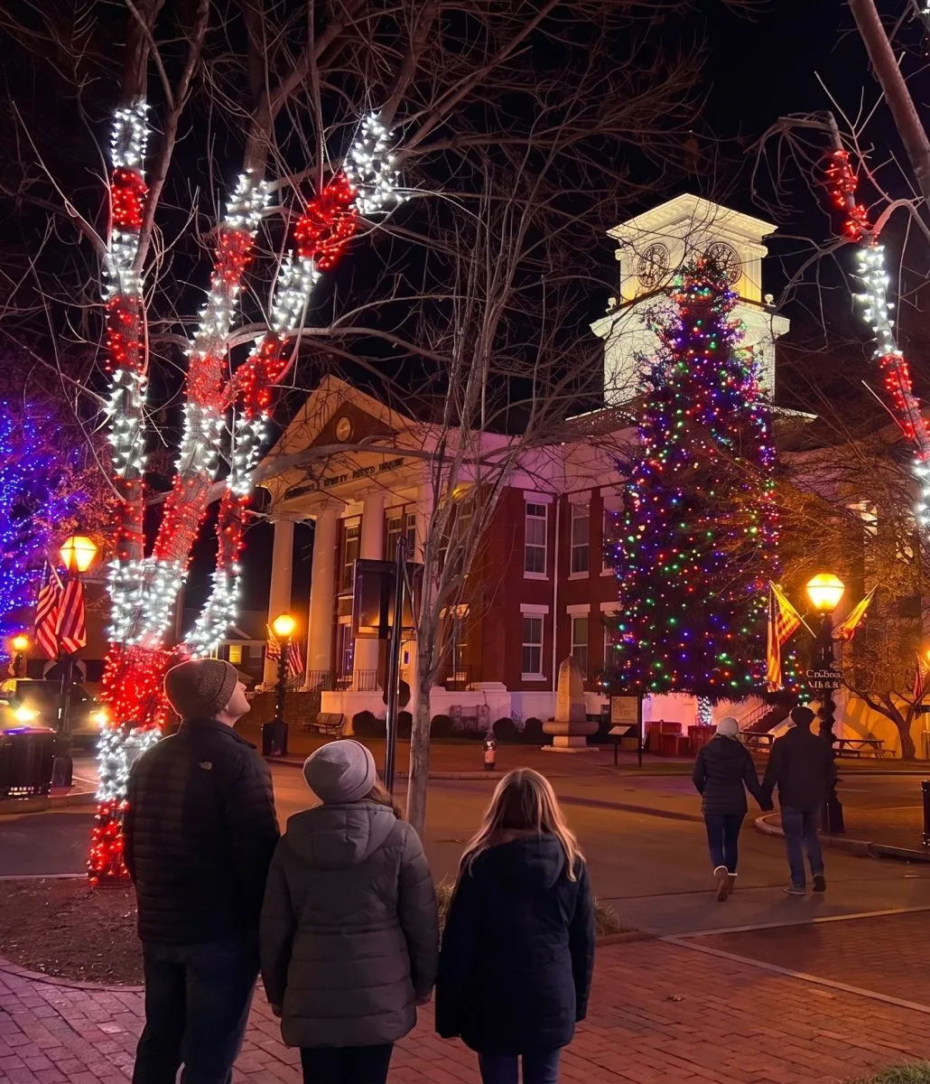Downtown trees wrapped in red and white lights beside a historic courthouse