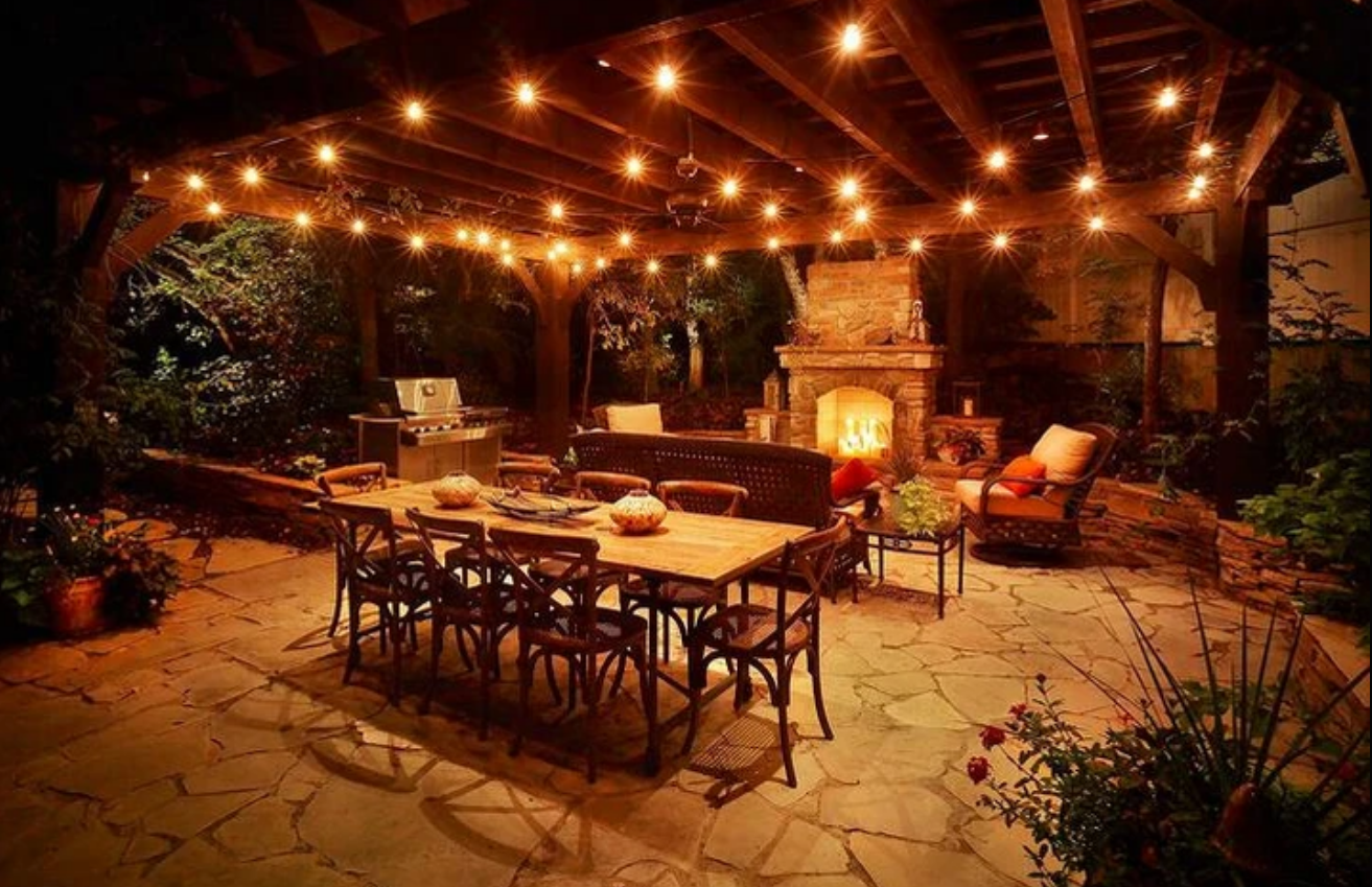 Bistro string lights over an outdoor patio