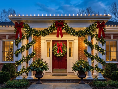 Garland wreath bows front entry