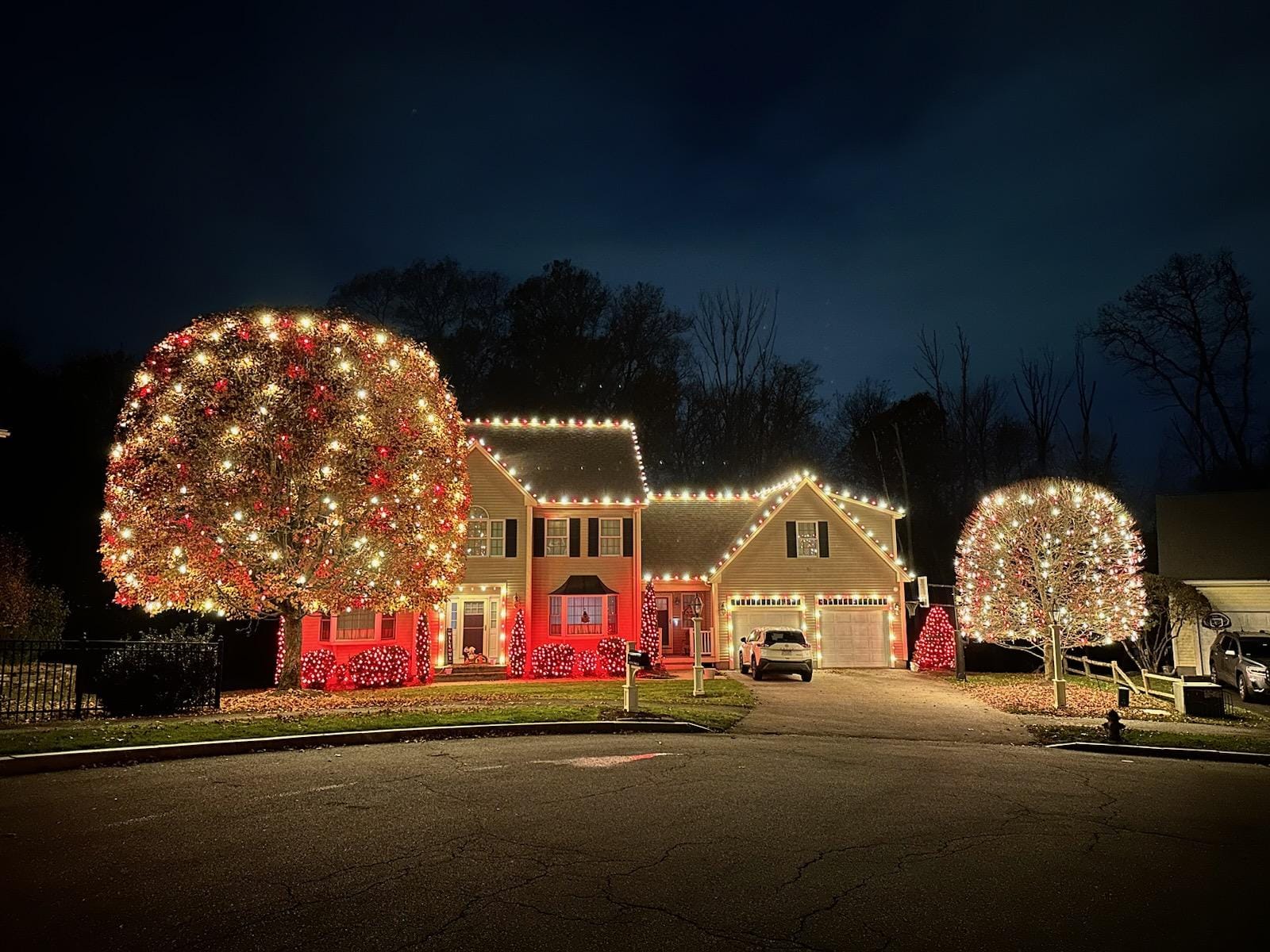 Home with red-wrapped trees and roofline lights