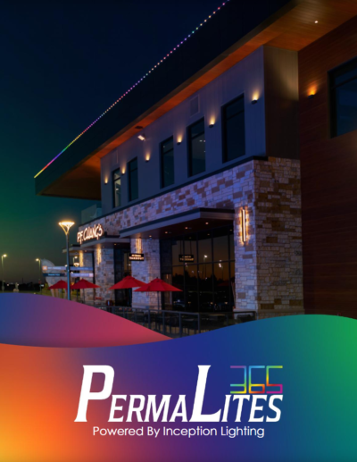 Restaurant building with permanent architectural lighting