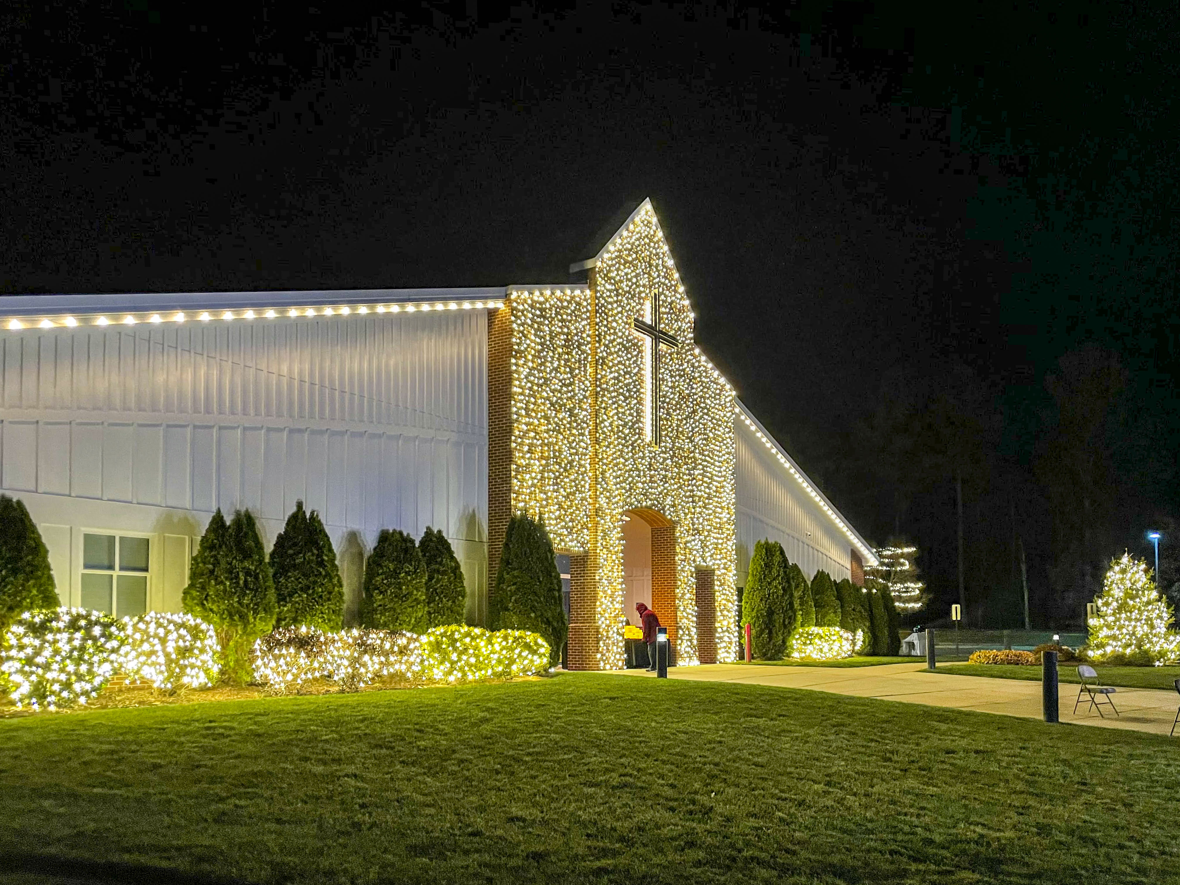 Church outlined in white lights