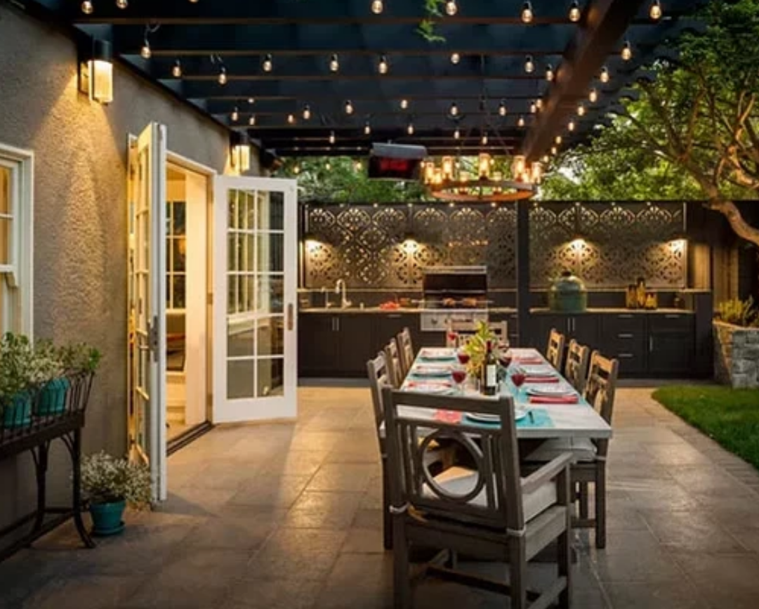Bistro string lights over an outdoor patio