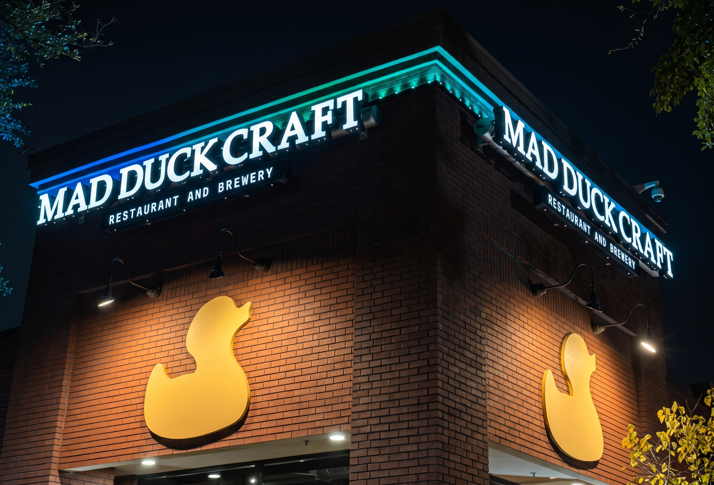 Mad Duck Craft restaurant lit with blue and green permanent lighting at night
