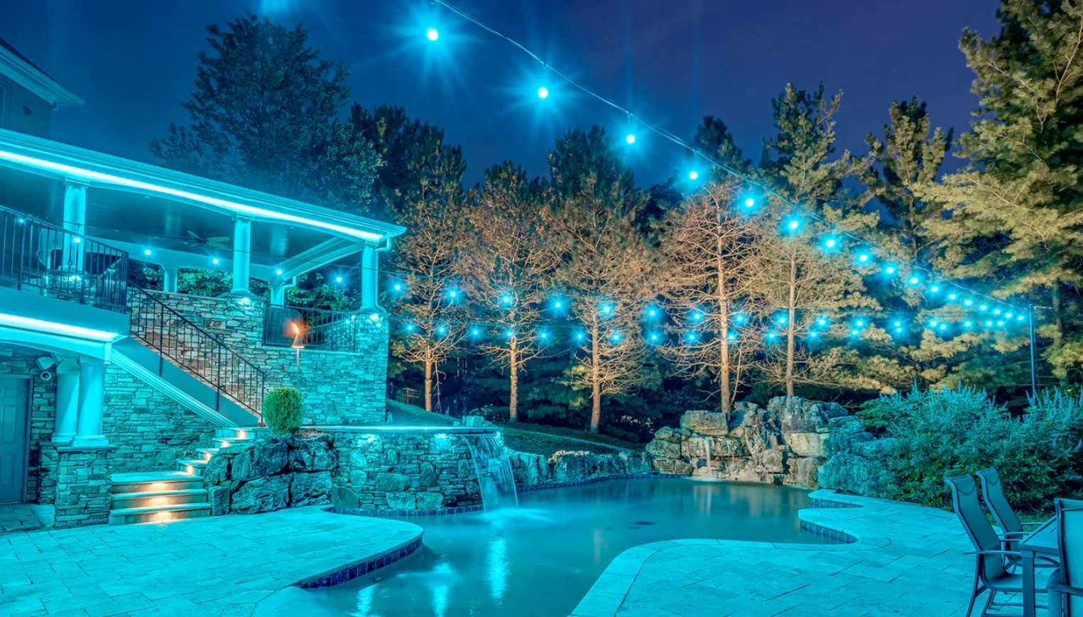 Bistro string lights over an outdoor patio