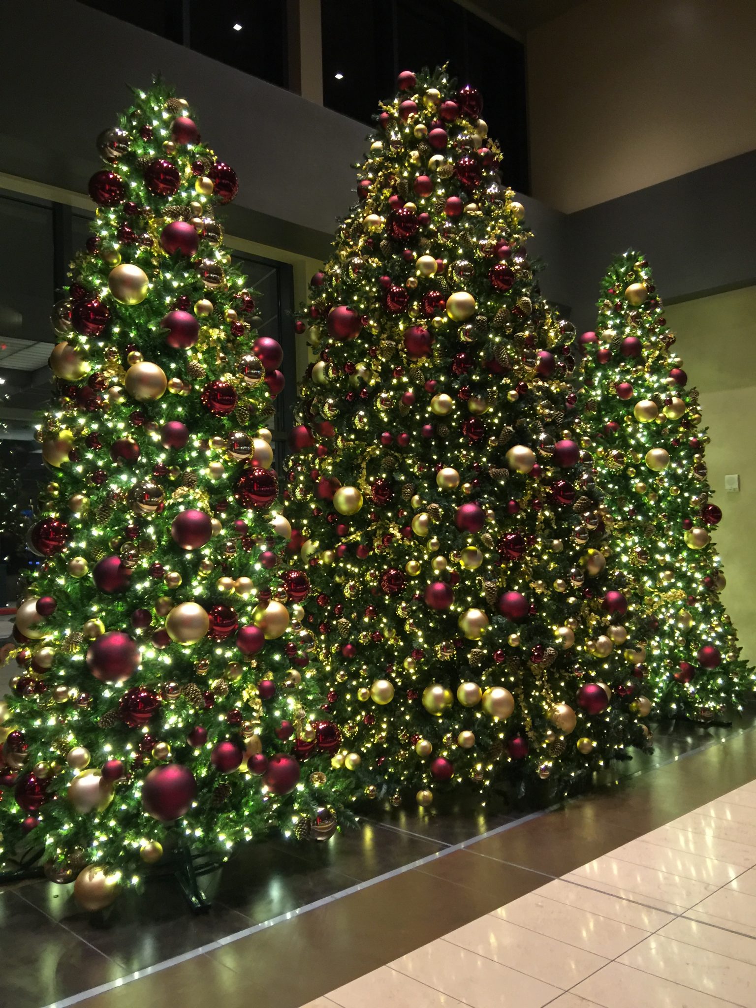 Row of decorated commercial Christmas trees with warm white lights
