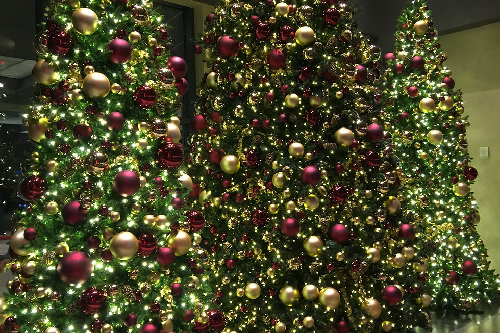 Close-up of a decorated commercial Christmas tree
