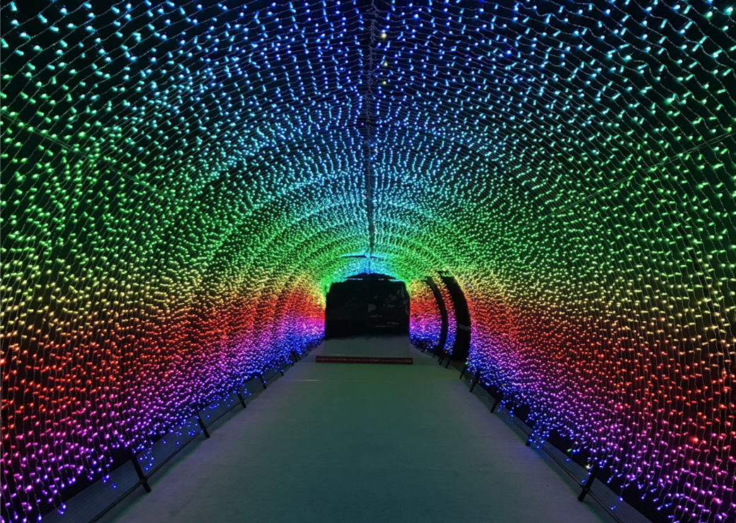 Walk-through tunnel of mapped multicolor Twinkly Pro lights