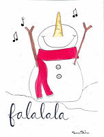 Watercolor and ink painting: snowman, scarf, music notes, with hand lettering that reads 'falalala'