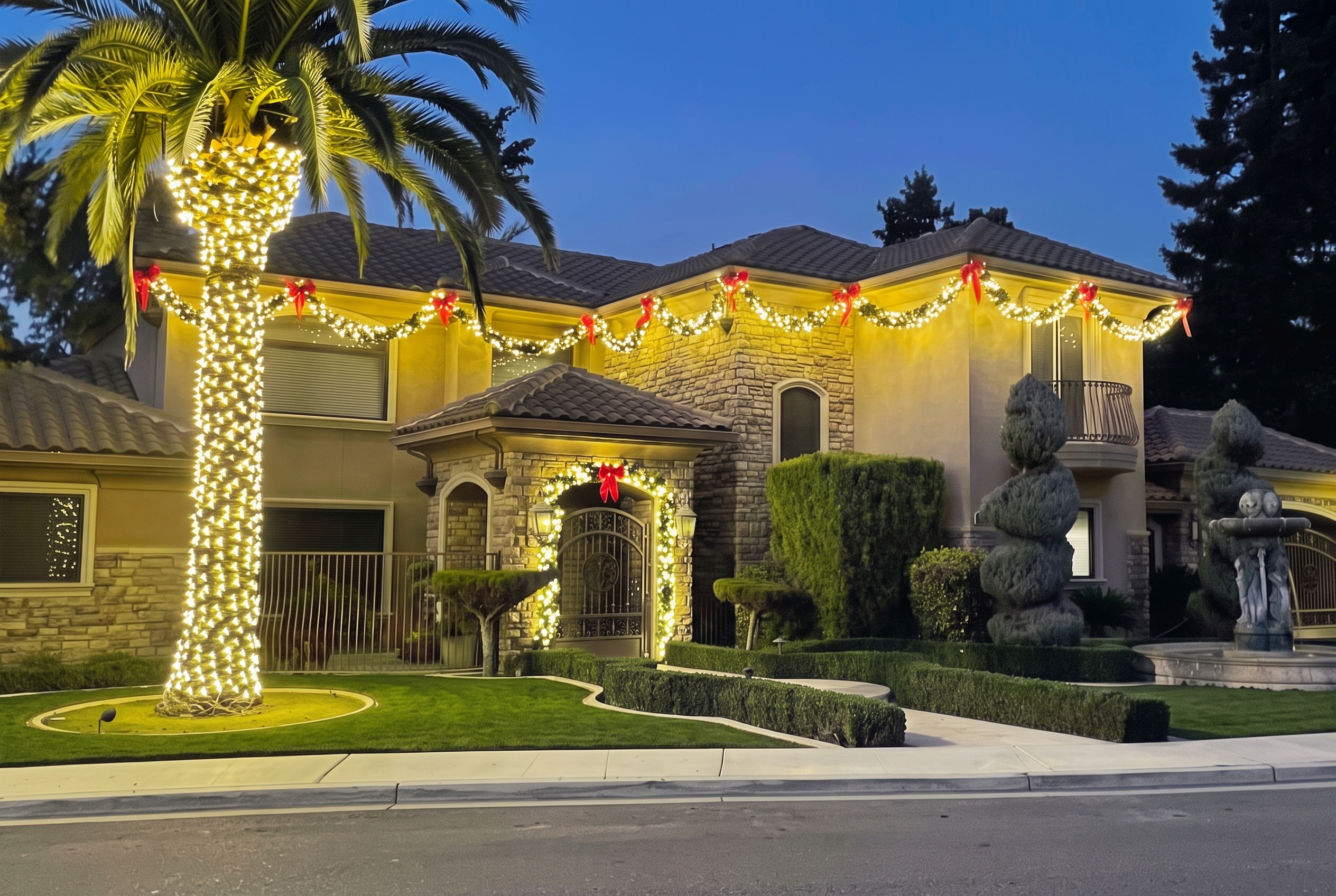 Christmas lights on a Porterville home with palms