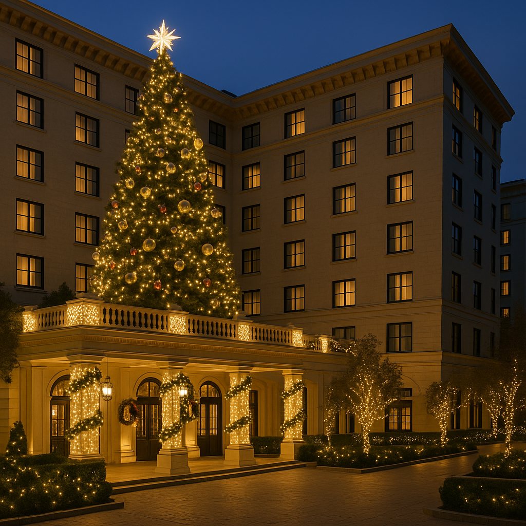 Large Christmas tree at a hotel entrance