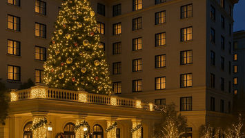 Hotel entrance with a tall lit Christmas tree and lit landscaping