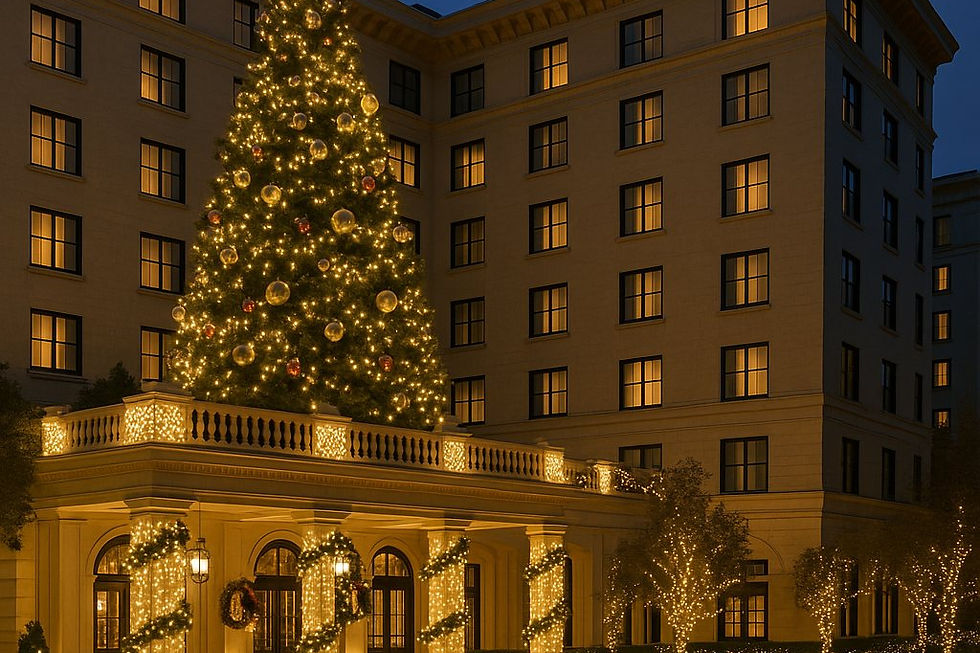 Large Christmas tree at a hotel entrance