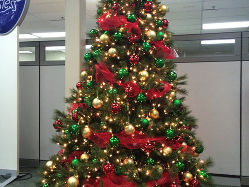 Decorated Christmas tree in an office lobby