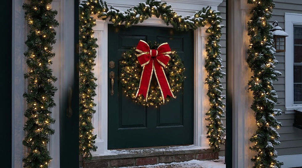 Lit Christmas wreath with a red bow on a front door framed with lit garland