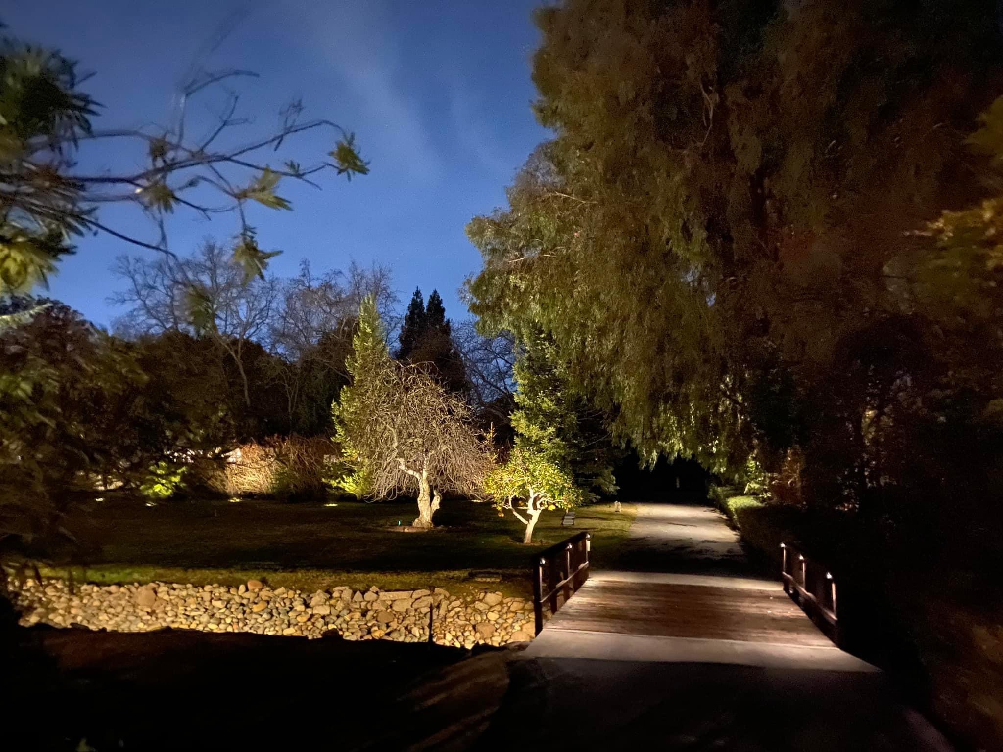 Low-voltage landscape lighting on a home and yard at night