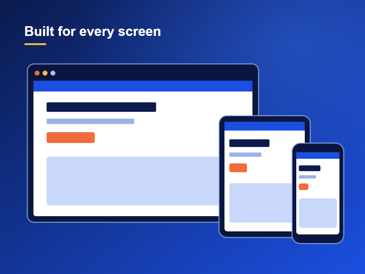Illustration of one website on desktop, tablet and phone screens