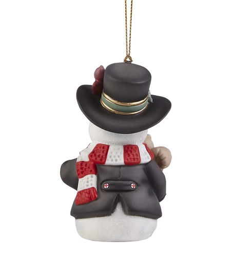 Thumbnail: back of snowman ornament holding a candy cane