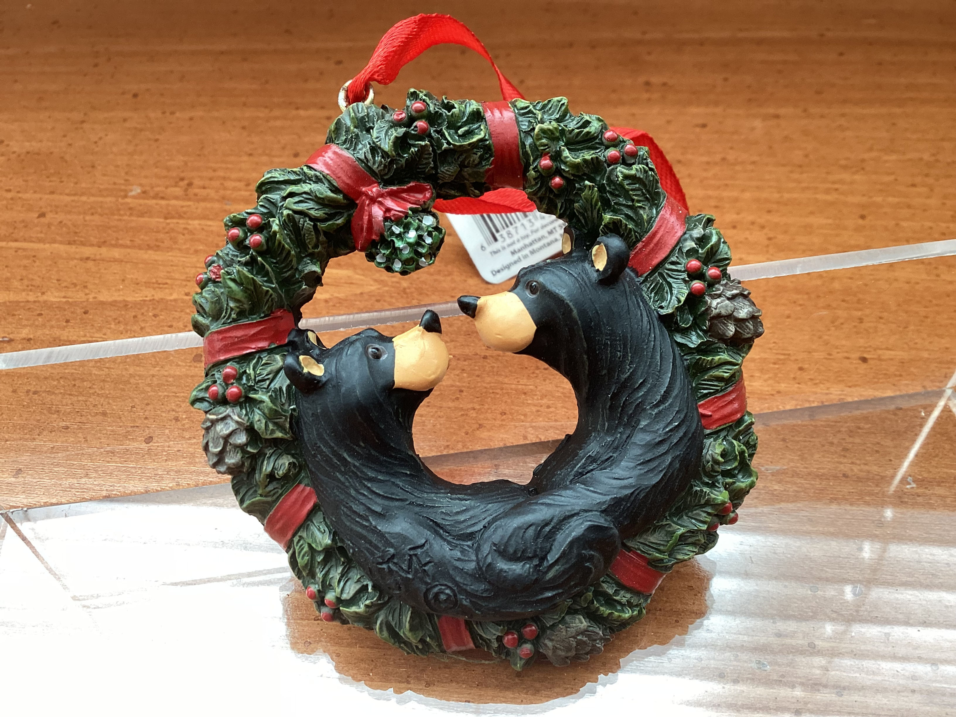 black bear couple in wreath ornament front view