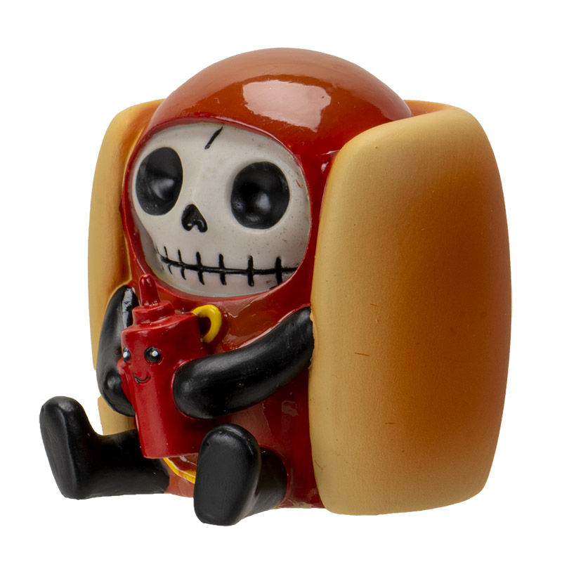 Thumbnail: frank furrybones dressed as a hot dog figurine side view