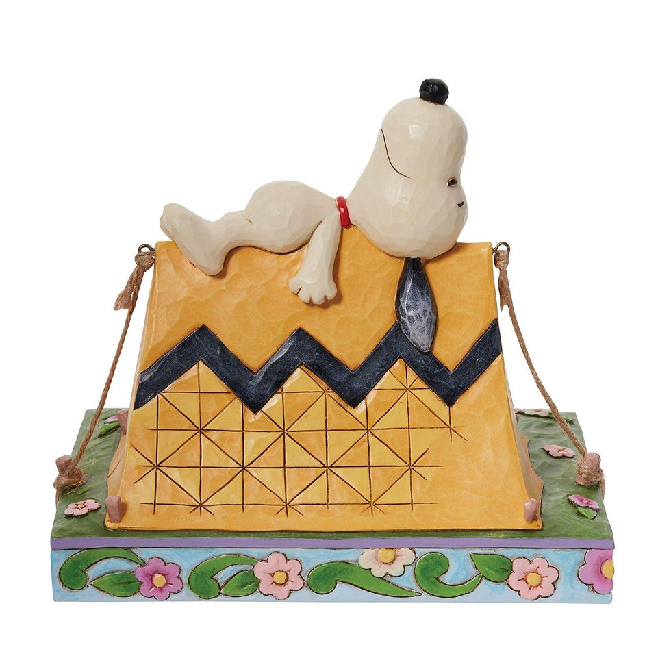 Thumbnail: side view of snoopy on top of a tent with woodstocks sleeping on ground