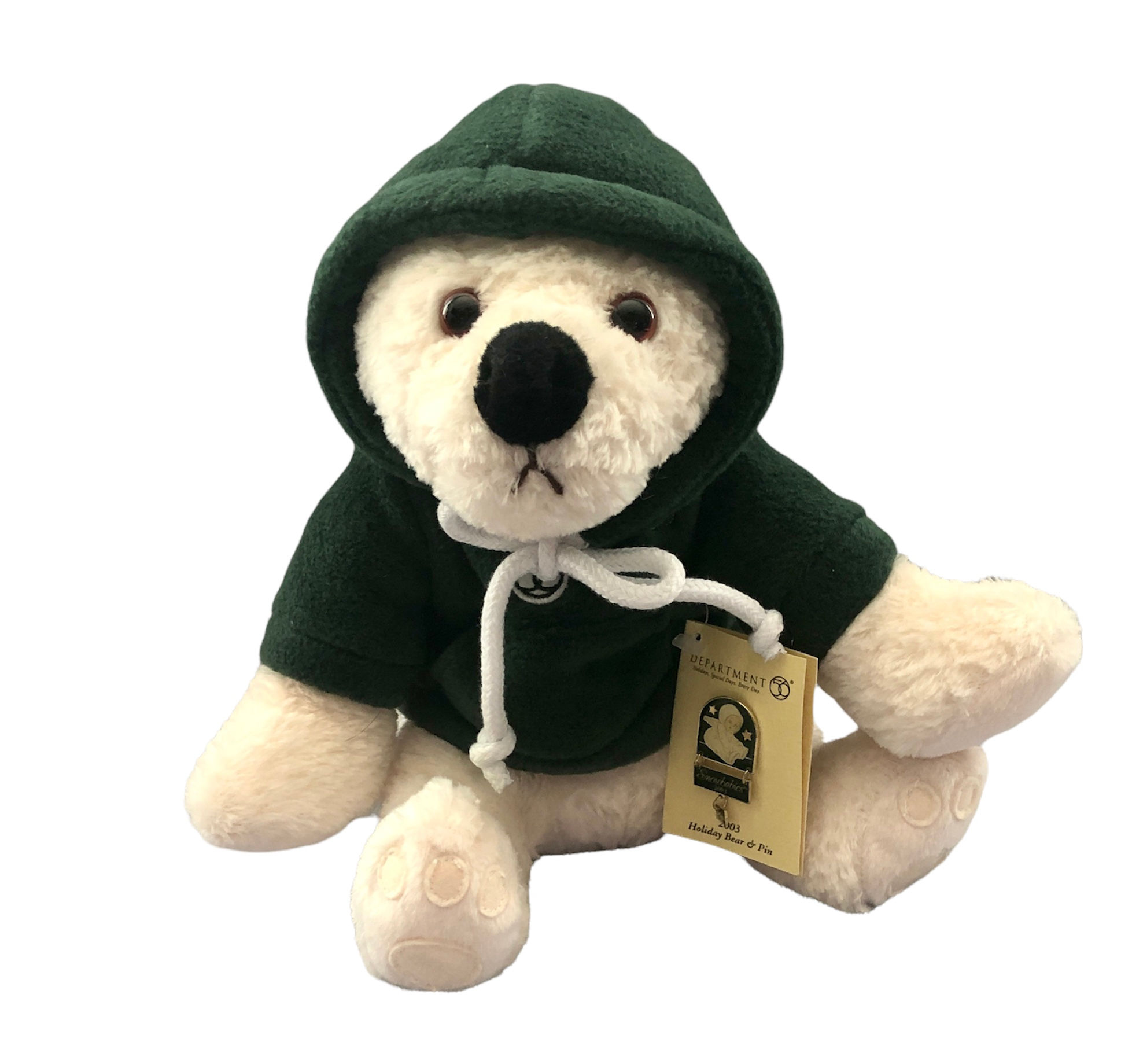 White Holiday Bear wearing a Green Hoodie hood up front view