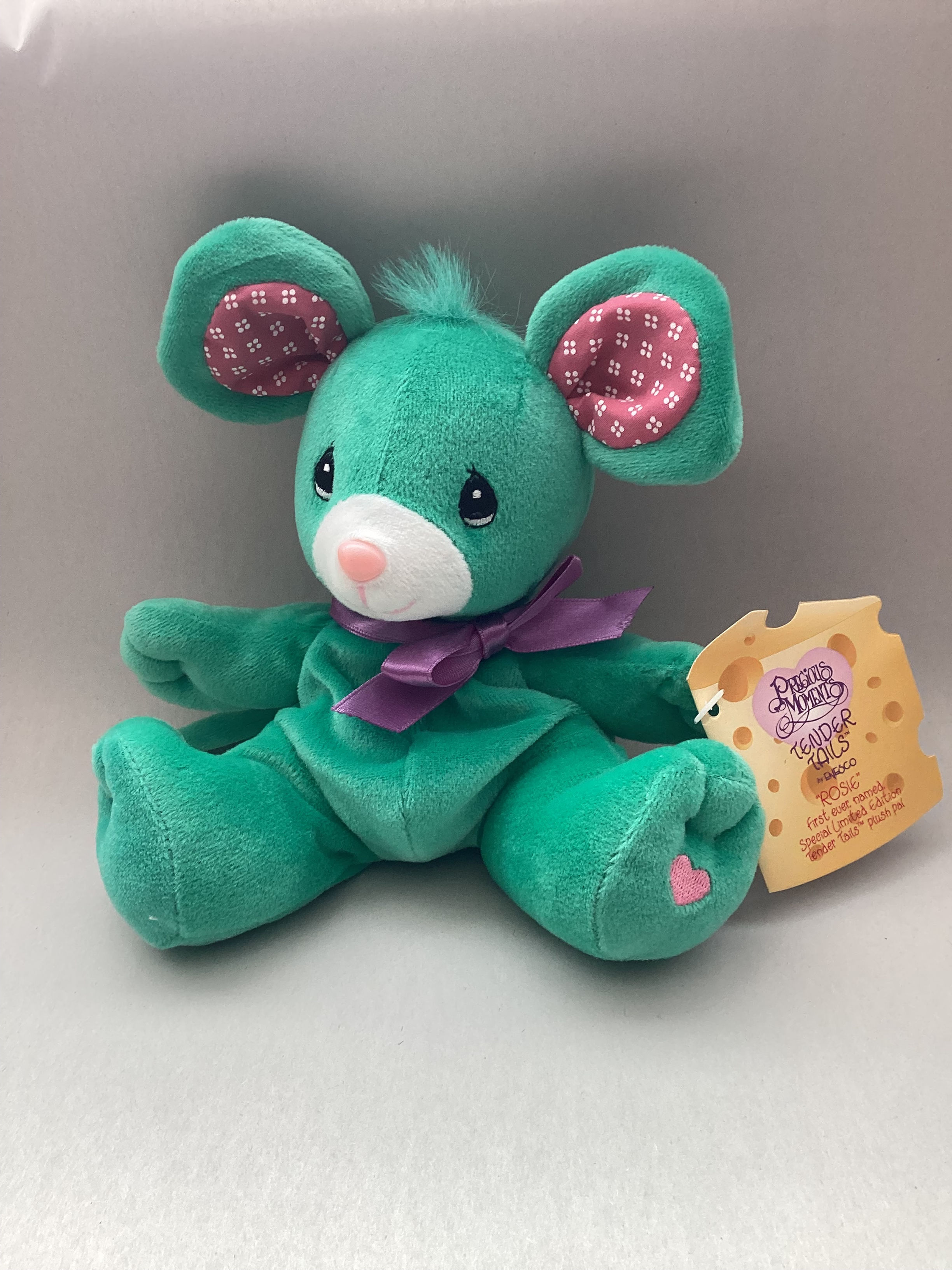 Precious Moments Plush Rosie Green Mouse W/ Purple Ribbon
