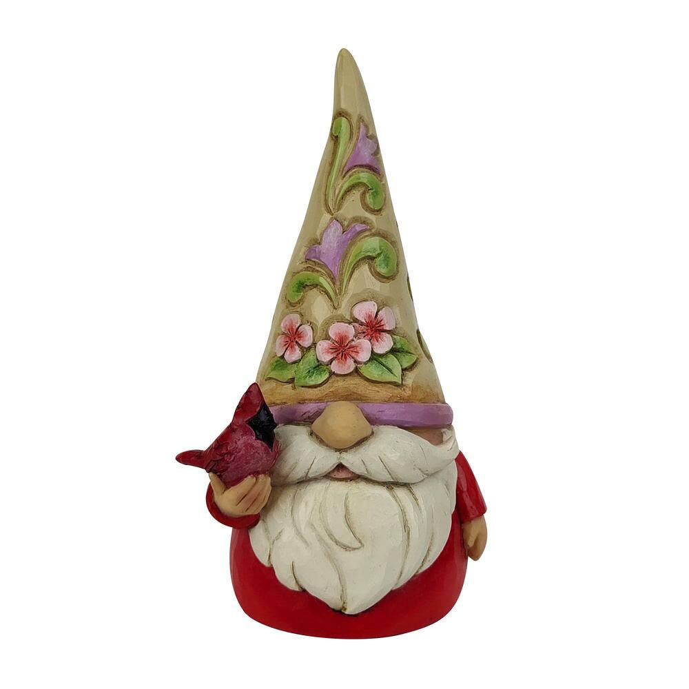 Redbird Beauty jim shore gnome with cardinal and floral hat figurine front view