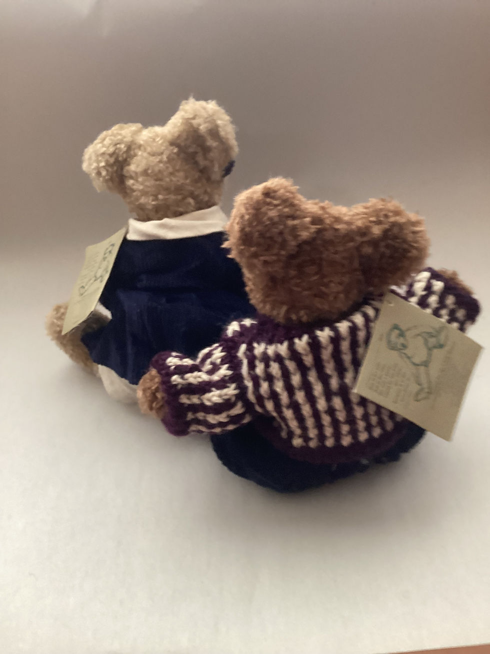 boy and girl brown chenille bears in coordinated navy blue outfits back view