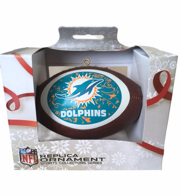 Miami Dolphins Replica Football Ornament package front view