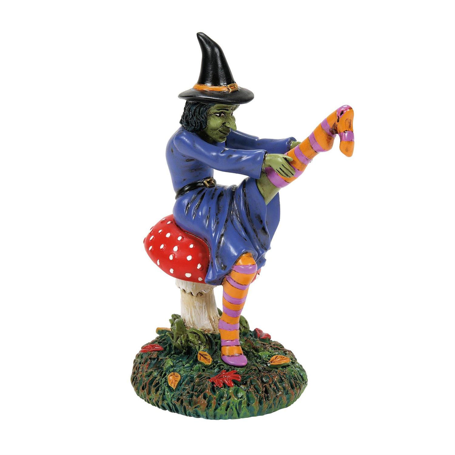 department 56 halloween village Darn Good Darn witch with stocking figurine front view