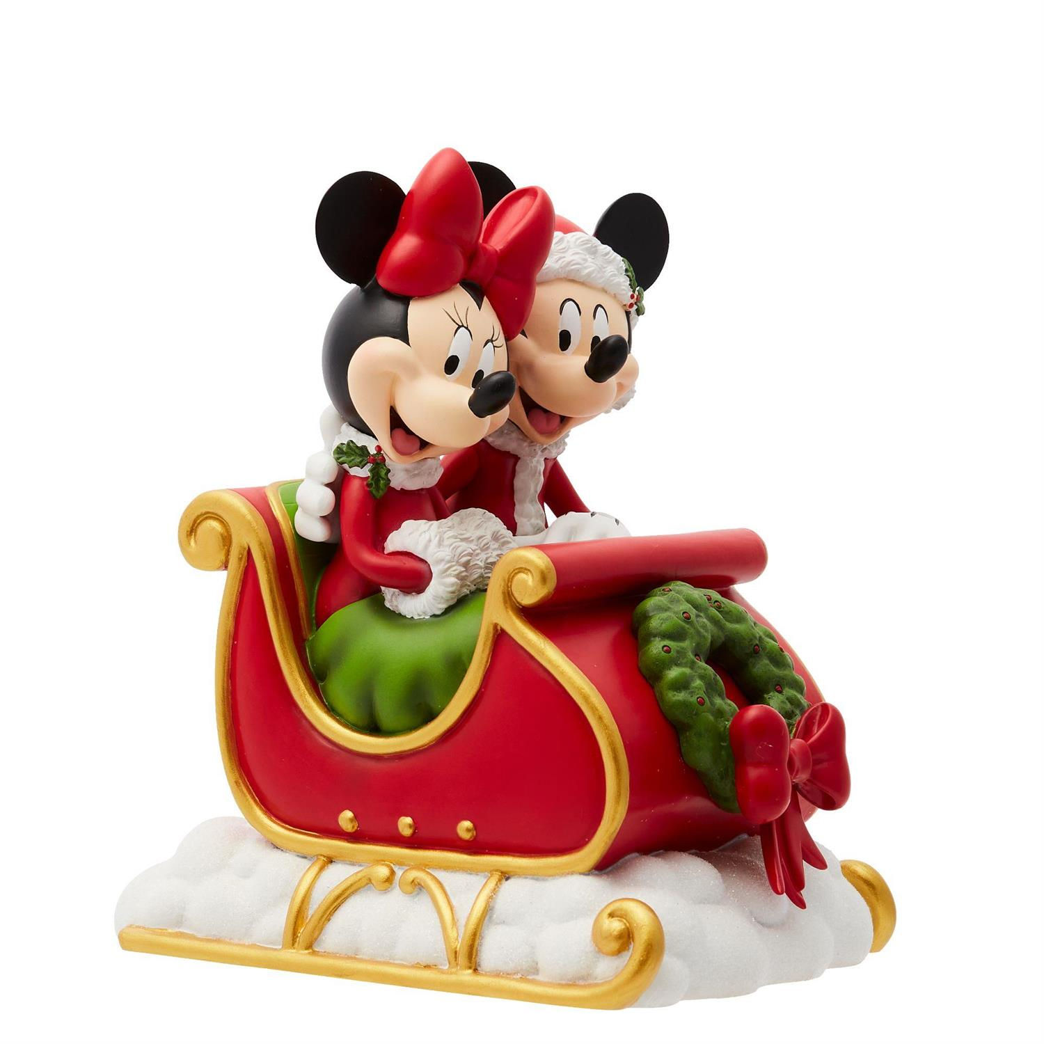 Mickey and Minnie Mouse in a sleigh figurine front view