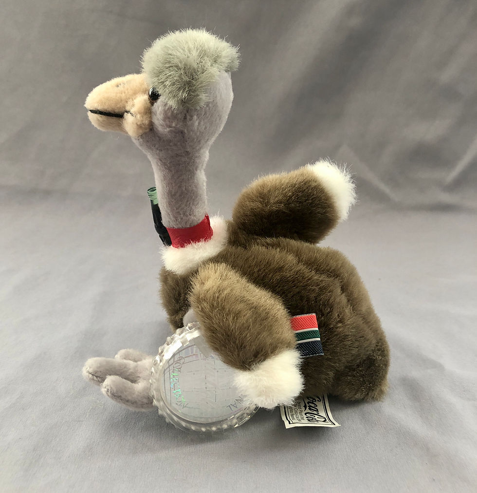 Thumbnail: Masha the Ostrich, Coca Cola plush representing South Africa side view