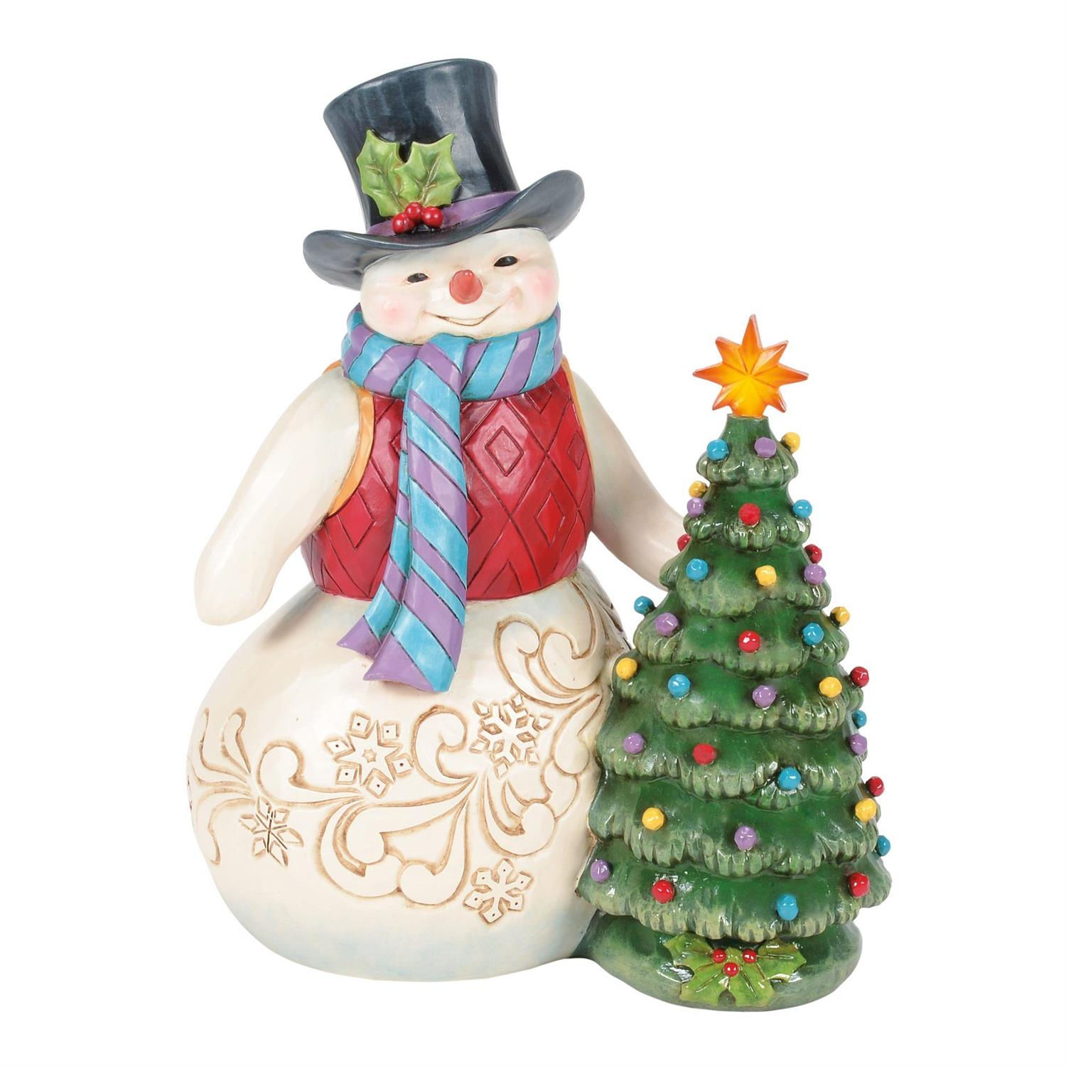 snowman with christmas tree figurine front view
