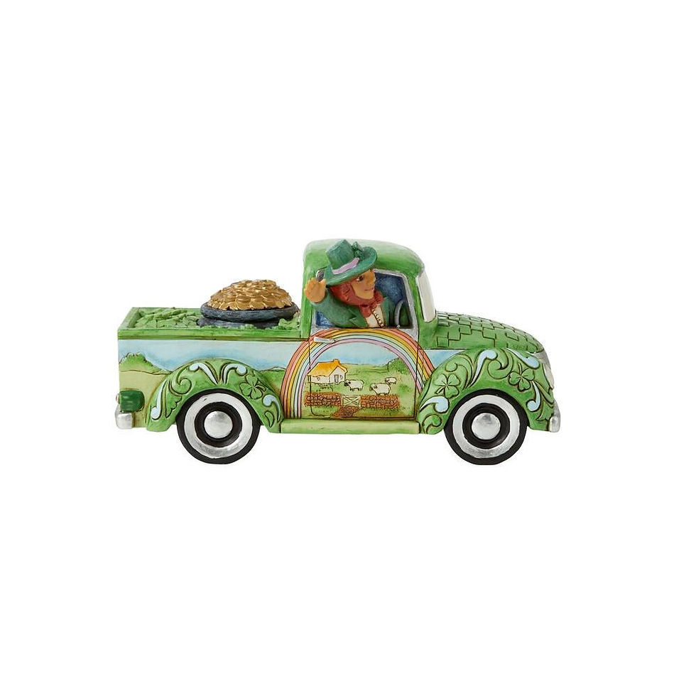 Jim Shore leprechaun in a car side view