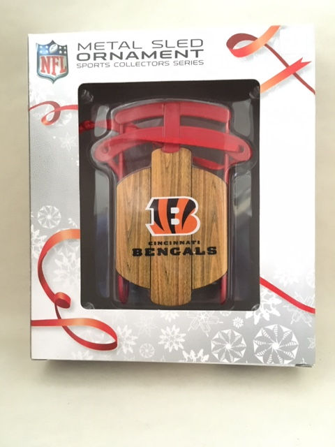 Thumbnail: Cincinnatti Bengals Metal Sled Ornament Package front view