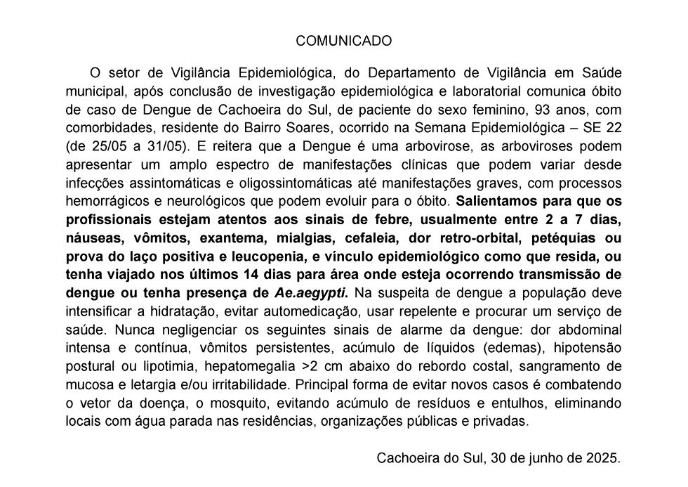 Comunicado oficial da Secretaria Municipal da Saúde de Cachoeira do Sul.