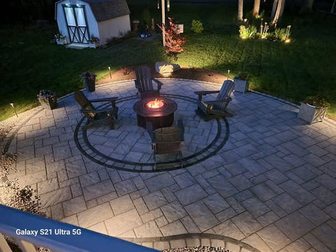 Patio with gas firepit with lighting