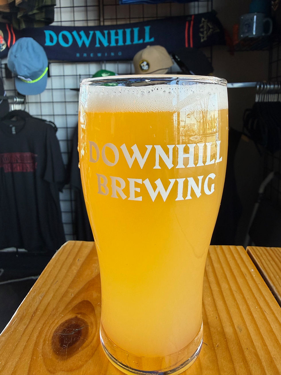This is either an image of a pint glass filled with the craft beer along with a hand drawn character specific for that brew or, it's the Downhill Brewing logo if there isn't a photo of the brew in a pint glass available.