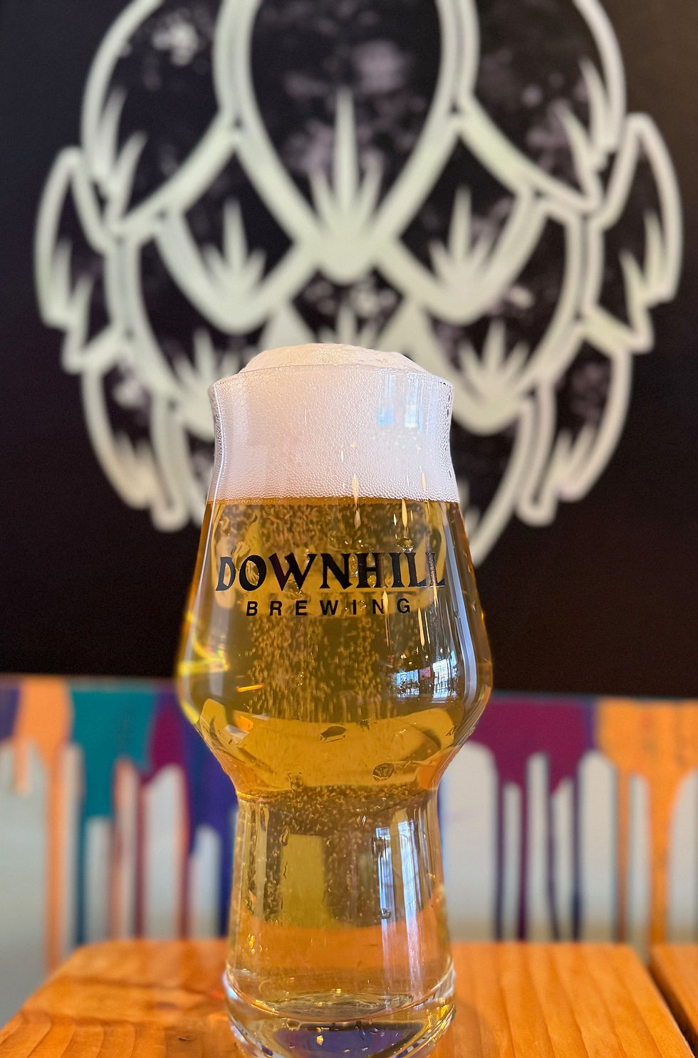 This is either an image of a pint glass filled with the craft beer along with a hand drawn character specific for that brew or, it's the Downhill Brewing logo if there isn't a photo of the brew in a pint glass available.