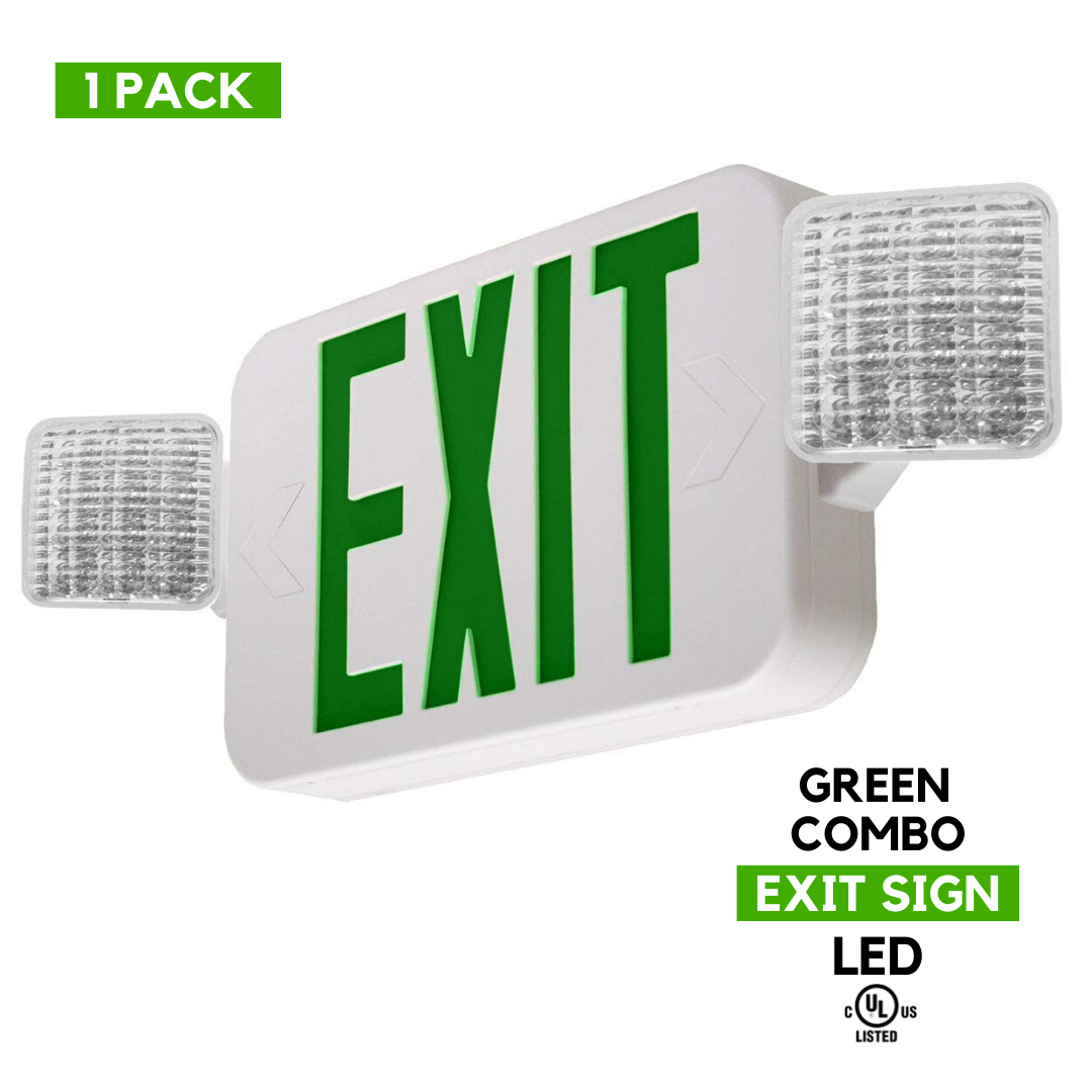 1 Pack, Green, LED Exit Sign, Emergency Light, Standard Combo Fixture, UL924