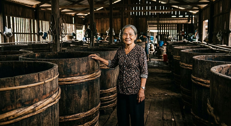 Người thợ đang kiểm tra các thùng gỗ ủ chượp nước mắm truyền thống Giọt Quê