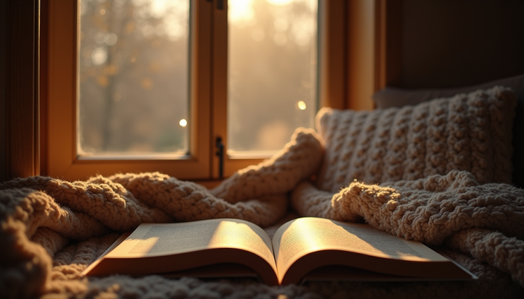 Eye-level view of a cozy reading nook with soft lighting and a warm blanket