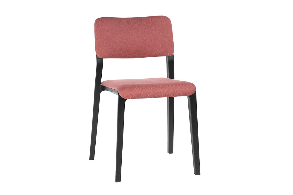 Black framed Origin Mojo 4 leg stacking chair with red seat and back
