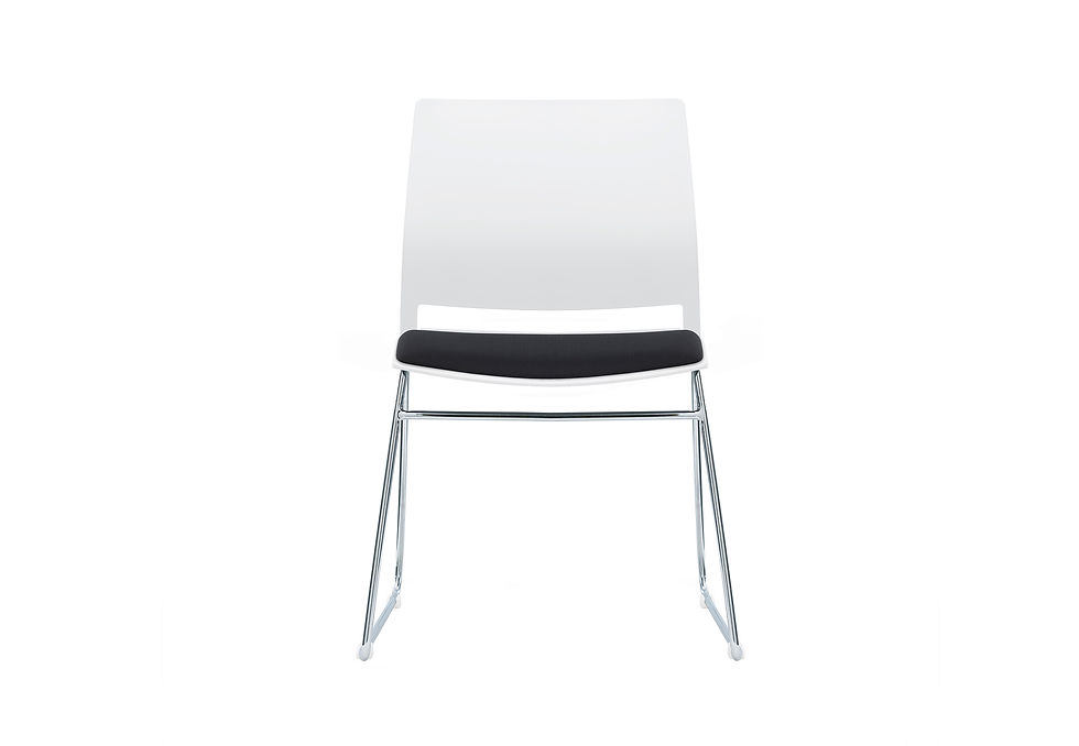 Thumbnail: Verse white plastic meeting chair with black padded seat and chrome sled frame