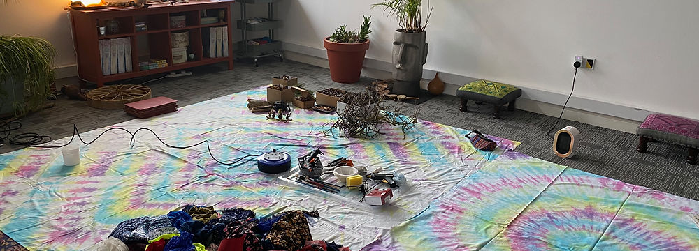 Colorful tie-dye mats and toys at events in Ireland.