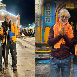 milind soman at kedarnath temple with his wife