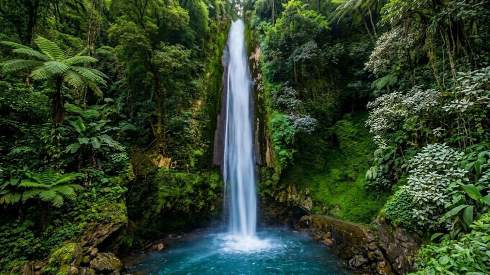Tiger Falls tall powerful waterfall near Chakrata Dehradun surrounded by dense tropical forest with natural pond at base