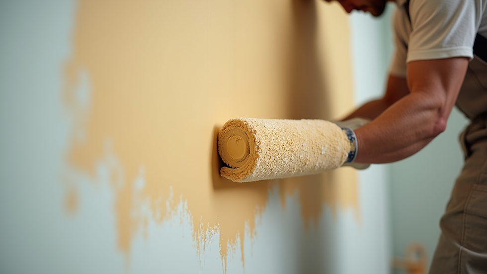 Eye-level view of a decorator applying trade paint with a roller on a wall